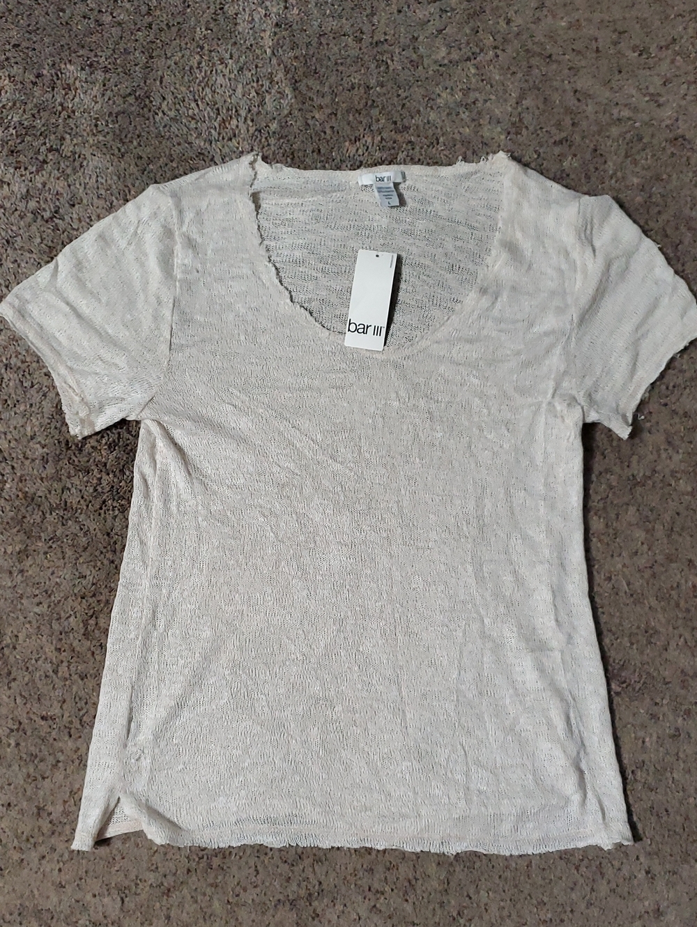 Bar III Cream Short Sleeve V-Neck Knit Top Large